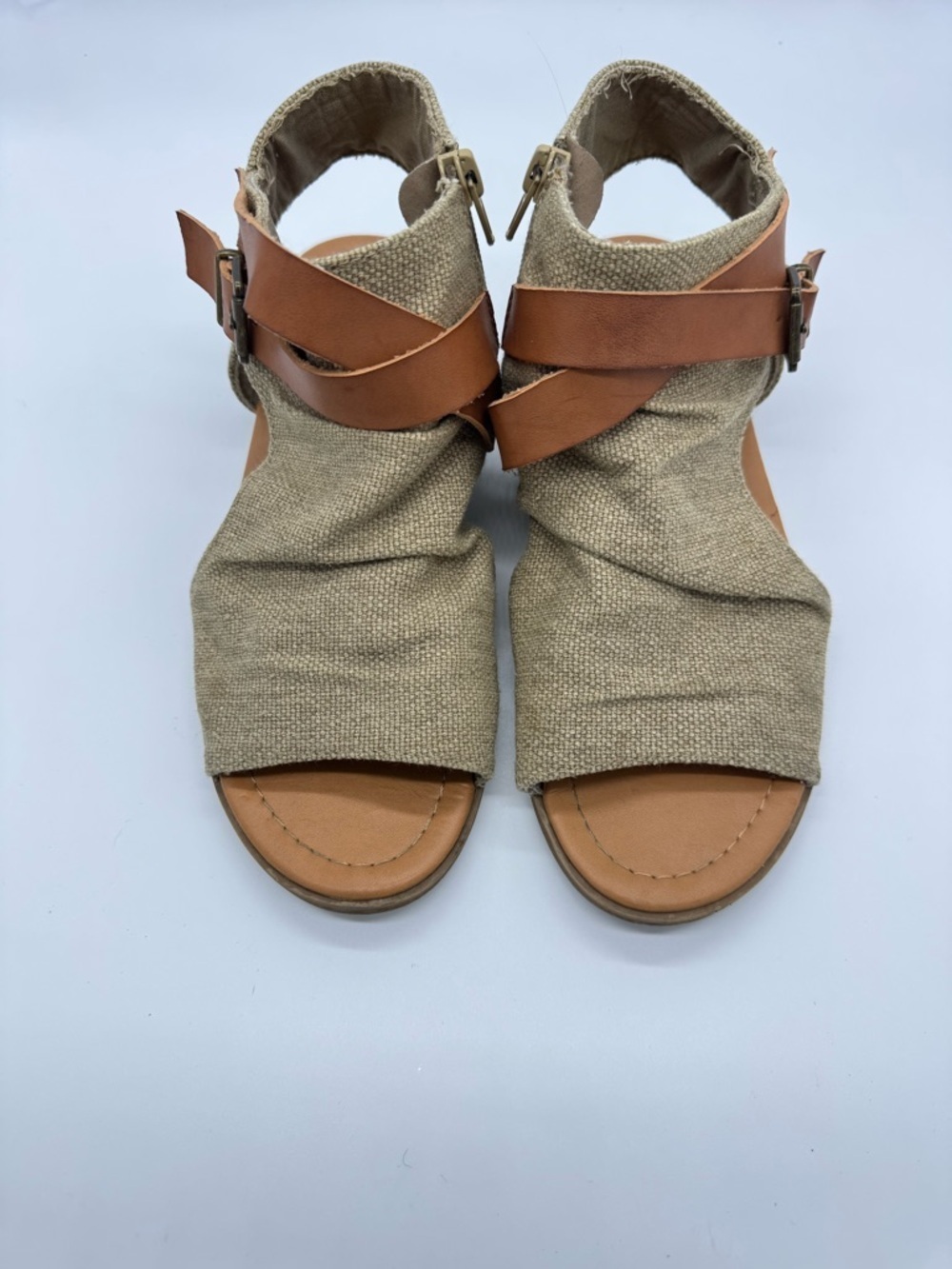 Soda Tan Canvas Sandals with Tan Leather Straps